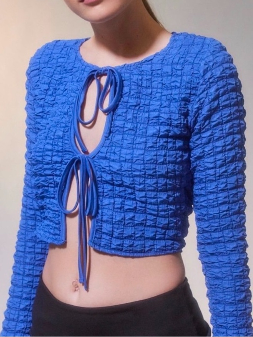 Urban Outfitters Sylvie Bubble Knit Tie-Front Top in Blue